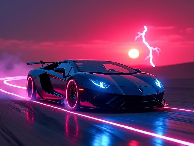 A futuristic black Lamborghini showcased in a cyberpunk style. The car is set against a dramatic sunset with lightning and fog in the background. A vibrant deep blue and red light system creates a striking ambiance. The vehicle's wheels have laser light rims, leaving a long double-line laser light trail. The scene captures a technological aesthetic with smooth rain effects.