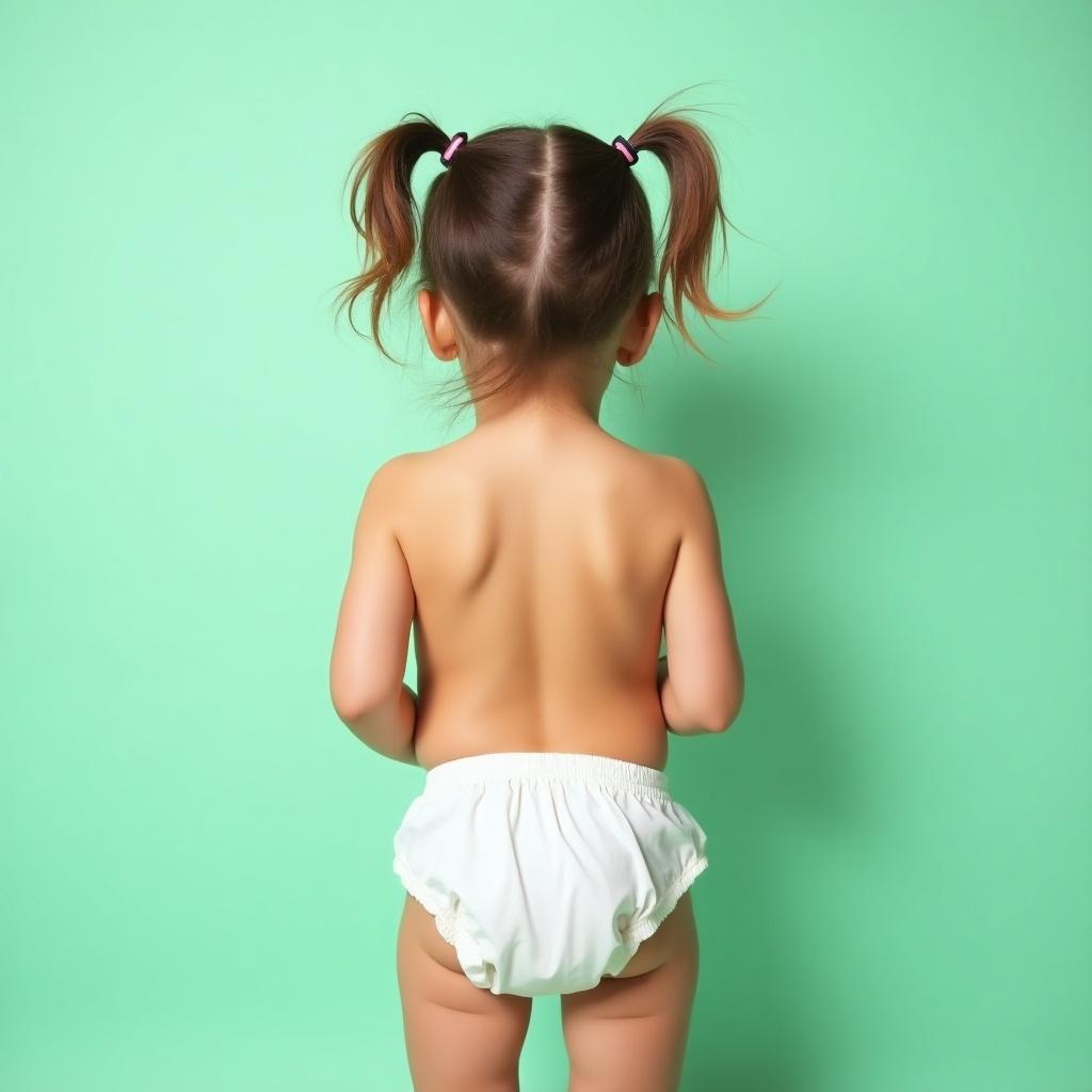 Image of a girl with brown ponytail hair wearing a plastic diaper. The background is mint green. The focus is on the essence of childhood.