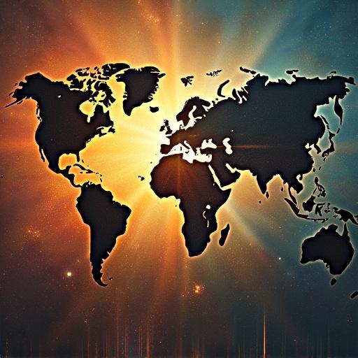 An artistic depiction of a world map against a vibrant cosmic background. The design symbolizes a transition from historical empire building to global kinship and unity.