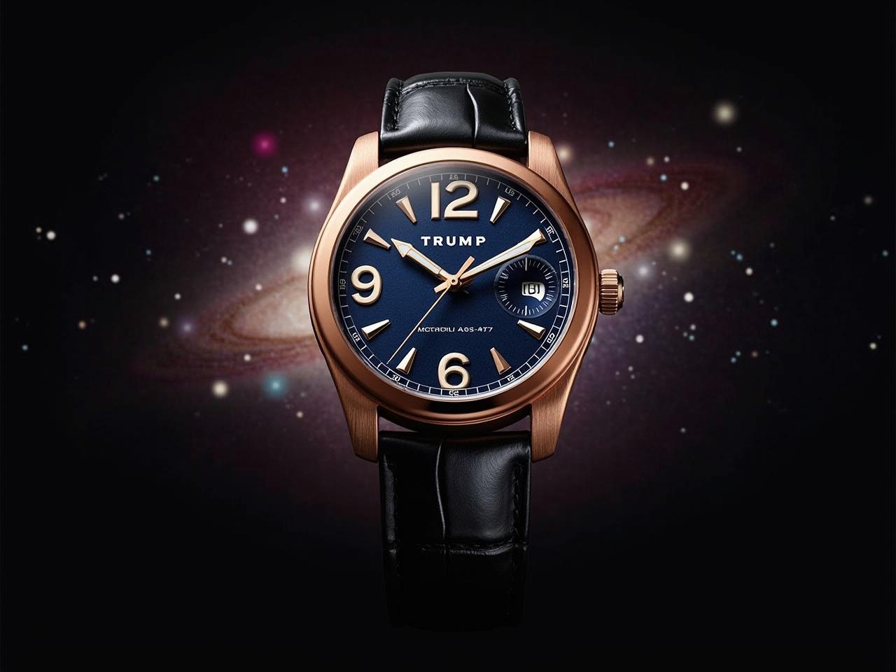 The image showcases a luxurious watch designed with a navy blue dial. It features large, luminous hour markers and a date indicator at the 3 o'clock position. The watch has a rose gold-tone case and a sleek black leather strap. The brand name 'TRUMP' is prominently displayed above the center, along with the model number '45-47.' The background of the image is a dazzling blend of cosmic lights and colors, giving a sense of elegance and sophistication.