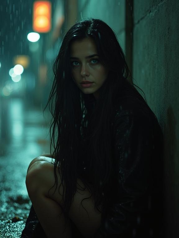 A woman sits on the ground in the rain. Rich black hair drapes wet against her skin. Vibrant dark teal eyes gaze around. The scene captures a moody nighttime atmosphere. Shadows and rain create depth. The photo has a shallow depth of field.
