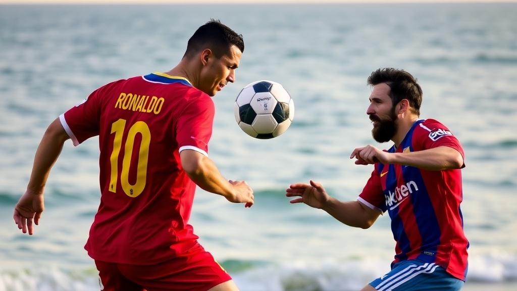 Two soccer players on a beach, wearing jerseys with famous names, challenging each other with a soccer ball above the ground.