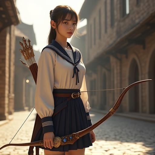 Realistic high school girl archer stands confidently in a medieval stone city street. Dressed in a Japanese-style school uniform with a white blouse and navy mini pleated skirt. Carries a polished dark wood longbow with gold inlays. Quiver rests on her back. Scene contrasts modern and ancient styles. Warm morning light highlights details and textures. Character displays a calm and determined expression with features of mixed heritage. Hair styled in a low ponytail. Emphasizes a graceful yet strong presence.