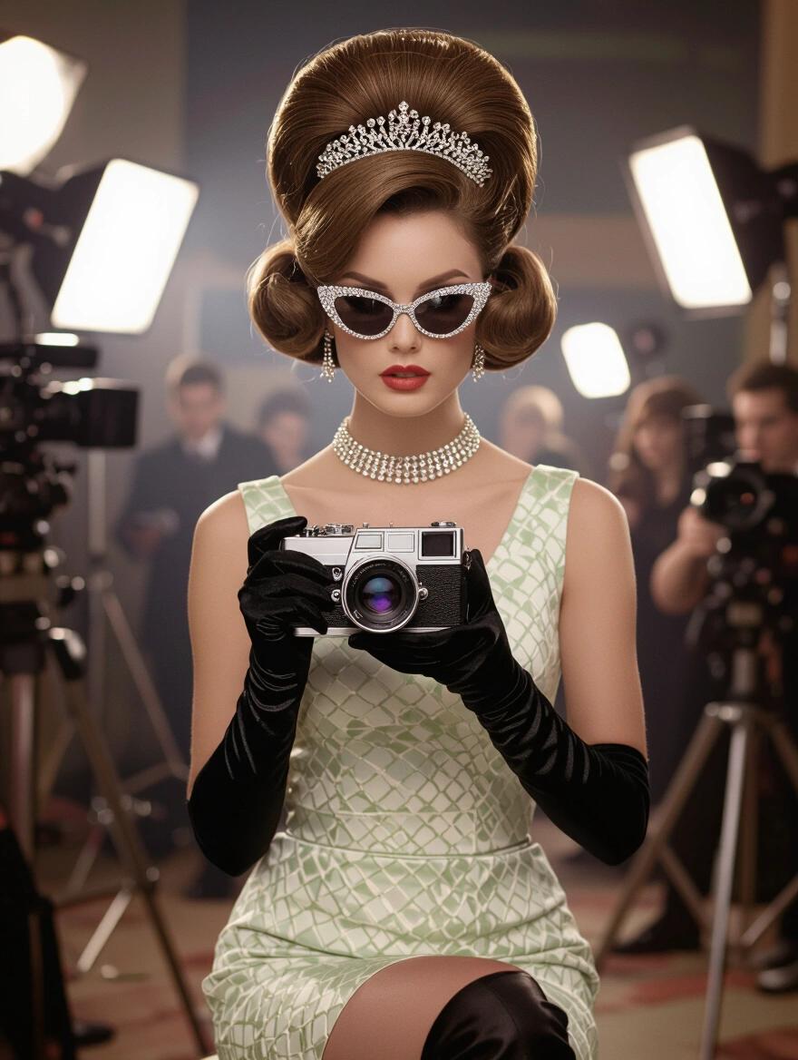 A captivating portrait of a 1960s woman with a beehive hairstyle. She wears cat-eye sunglasses and holds a vintage camera. Dressed in a mod mini-dress with elbow-length gloves and knee-high boots. The setting is a film set with bright lights and cameras.
