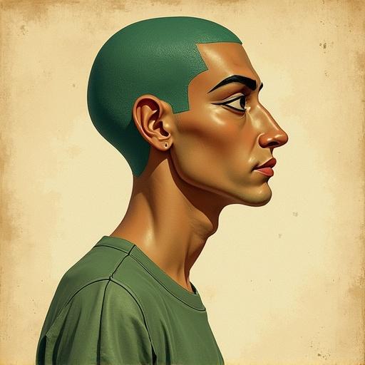 Illustration of a man in profile. Muted earth tone or pastel colors used. Egyptian inspired nose. Flat color scheme. Background resembles ancient manuscript. Features big outlined eyes and elongated profile. Style incorporates vintage elements. Body exhibits a green gradient. Textured canvas effect.