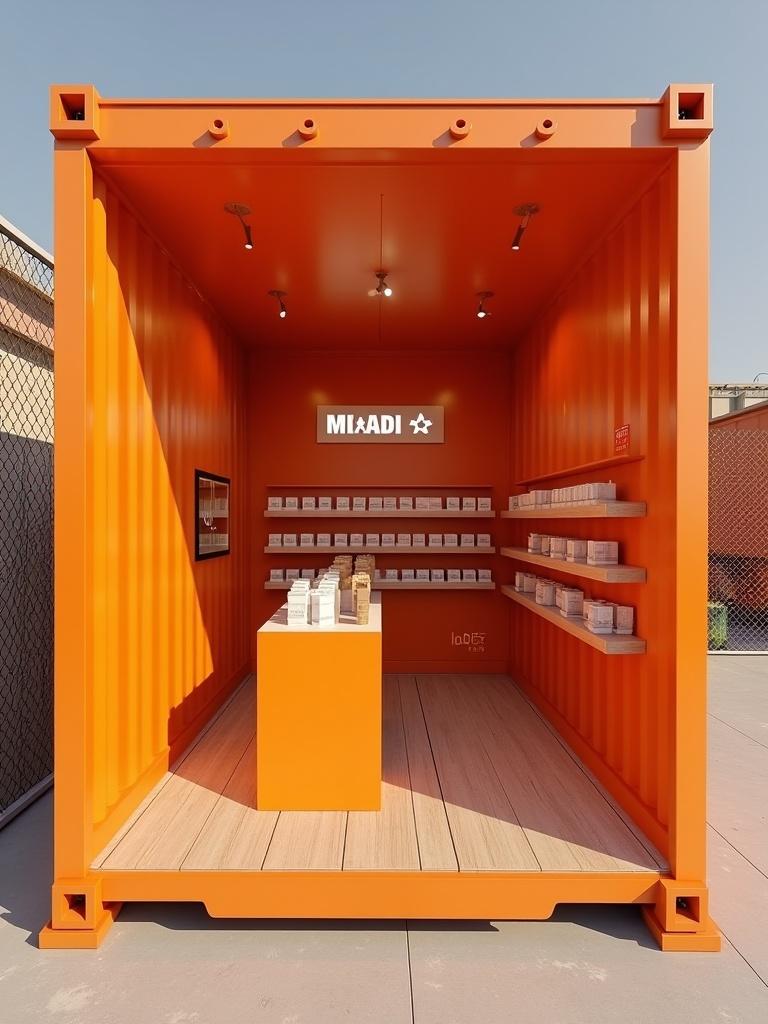 MIADI is a pop-up retail concept inside a vibrant orange shipping container. The container has an open front. It features a central display island. Shelving units are arranged on the side and back walls. Products are uniformly arranged and well-lit. The design emphasizes minimalism and bold color. A white sign with MIADI is mounted at the top.