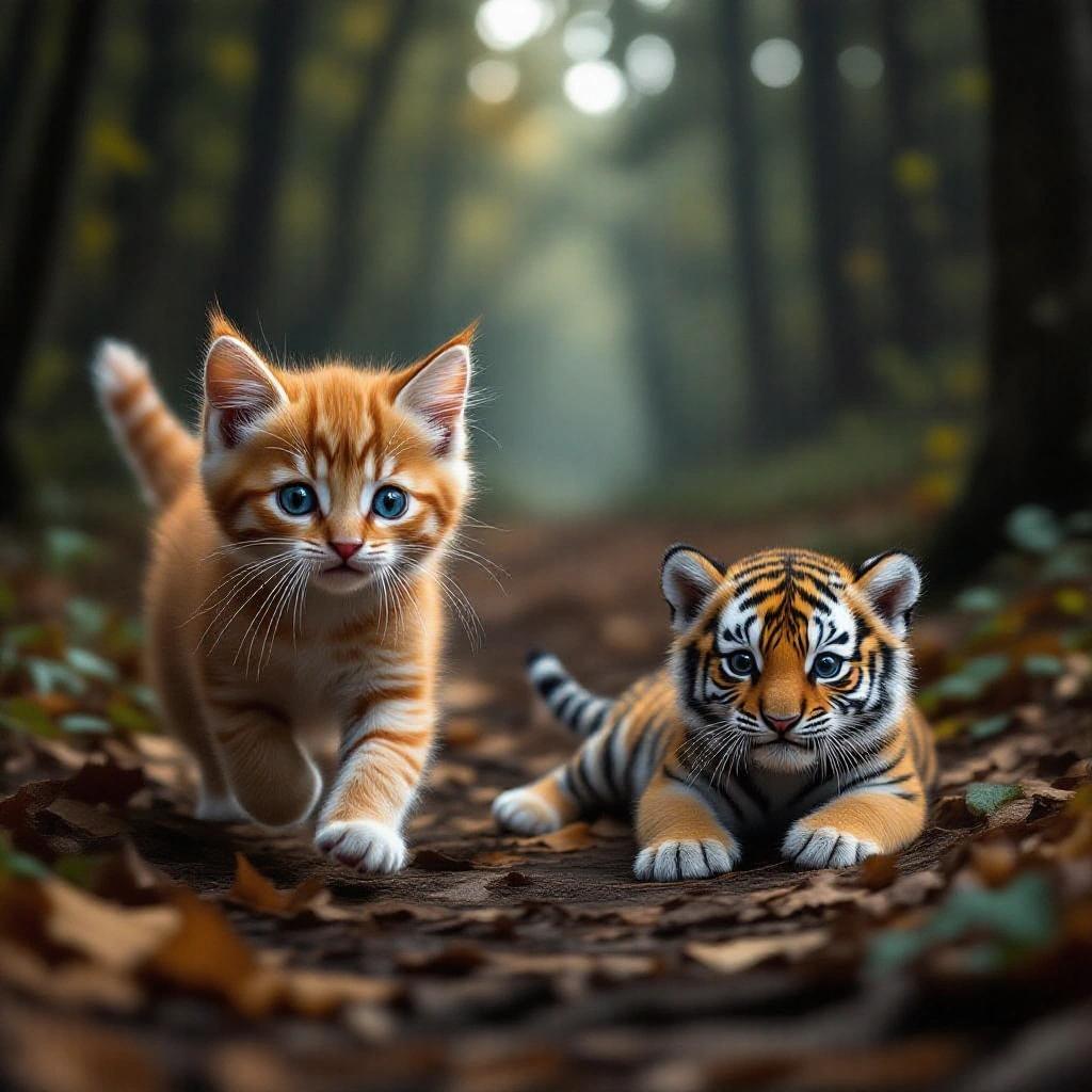 Small cute orange kitten runs through forest path looking ahead in panic. Small cute tiger cub lies on ground bandaged. Scene dynamic and emotional with soft overcast lighting and scattered leaves.