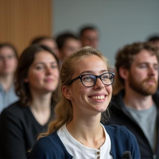 Group of students attending a lecture in a hall. A woman in foreground smiles. Others are engaged. Some appear serious. Focus on education and engagement.