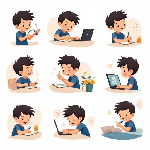 Collection shows a boy in different daily activities. Actions include waking up eating breakfast studying playing and going to bed. Each illustration depicts a cheerful expression and engaging scenario.