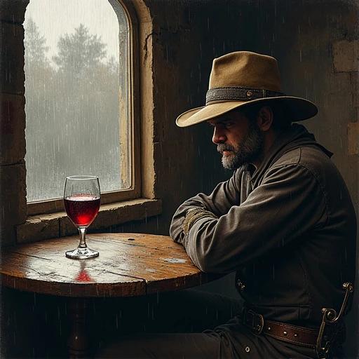 A homeless swordsman with a hat sits at a table in a dimly lit tavern. A glass of red wine rests in front of him. Rain drizzles outside the window illuminating his silhouette. The tavern appears rustic and worn. The mood is somber and reflective. He is positioned on the right side with a focus on the glass.