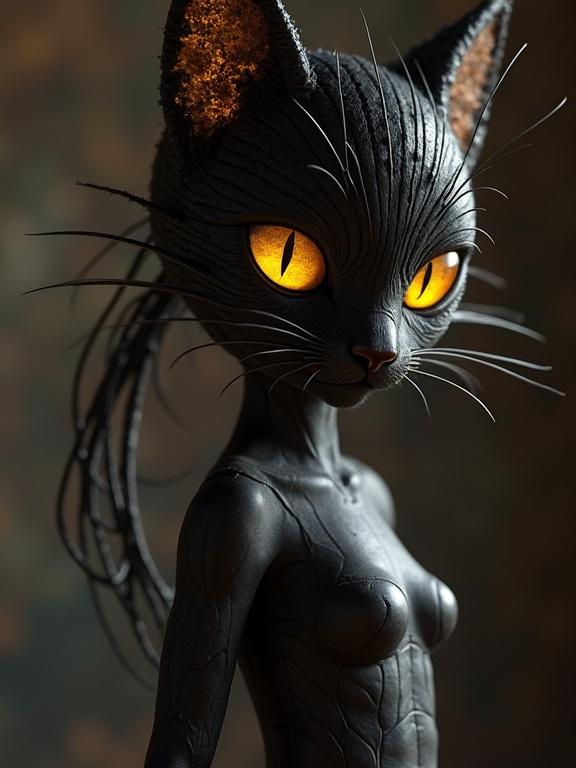 Black cat character designed in a stylized manner. Features golden glowing eyes. Human-like body with intricate details. Textured surface gives a unique appearance. Elegant posture and artistic style enhance visual appeal.