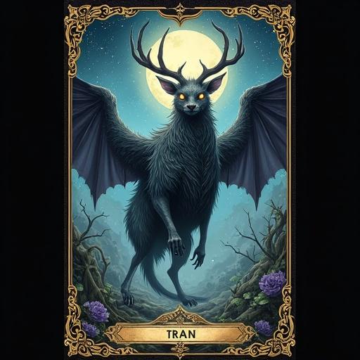 Surreal Tarot card design featuring an original, mysterious creature. Creature is an unearthly fusion of natural and mystical elements. It has glowing antlers, wings made of mist, and is set against a dreamlike background. Background is atmospheric and enchanting, with a rich, moody color palette. Includes ornate Tarot-style borders and rich symbolic details.