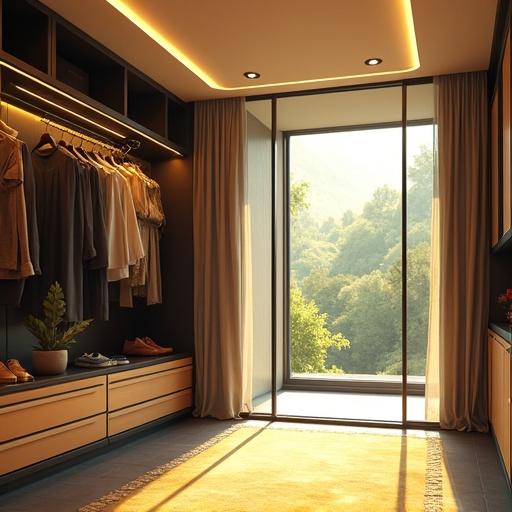 Anime futuristic scene showcasing a modern luxurious mega mansion women's walking closet. Bright morning light floods into the room. Features sleek design elements and a gorgeous view of nature. Set in Tokyo during spring.