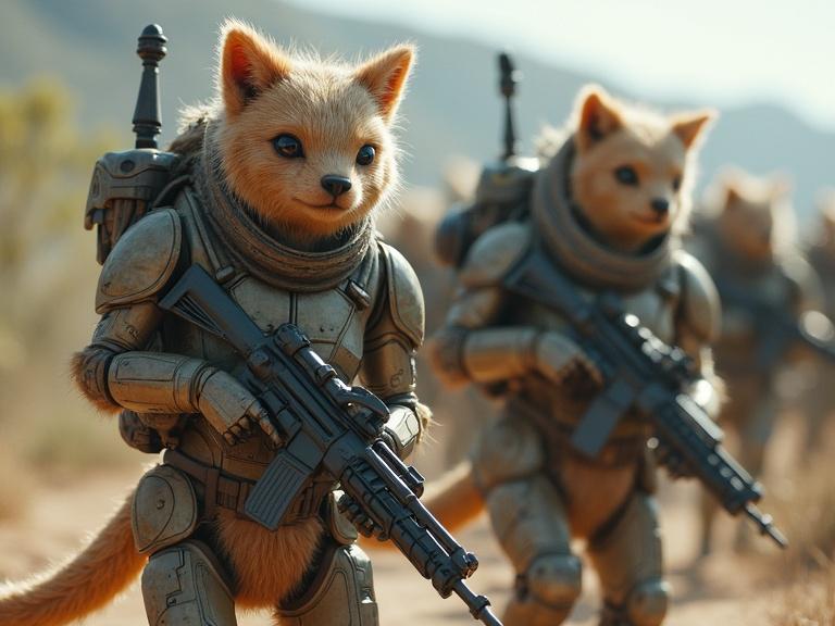 Furry humanoid alien creatures depicted as soldiers wearing sci-fi military suits and wielding firearms in a desert landscape.
