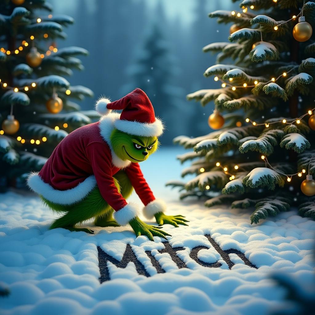 The Grinch is outside in the snow. Christmas trees surround him, decorated with lights. The Grinch is writing the name Mitch in the snow.