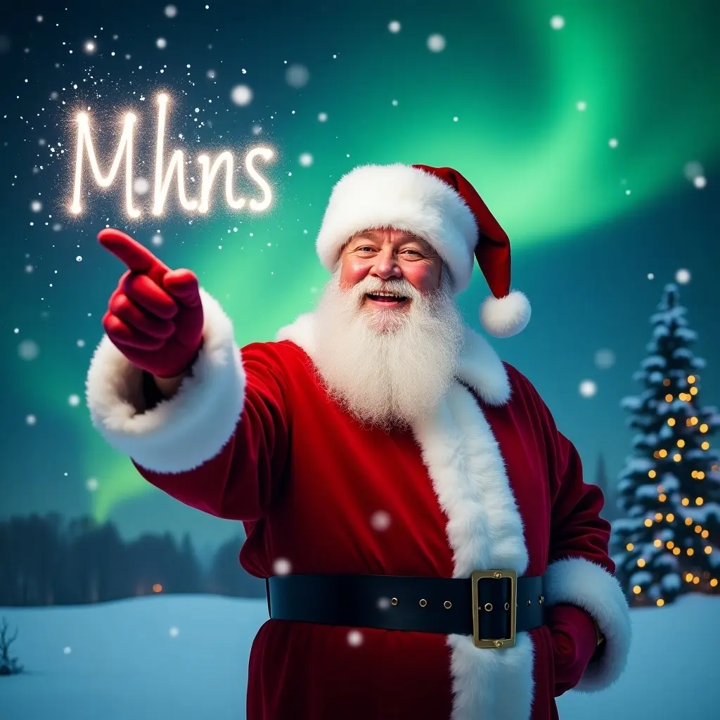 Image depicts Santa Claus dressed in a red suit pointing. A sparkling wand creates the word 'MHnS' in the sky. Snowflakes gently fall. Northern lights form a magical backdrop in winter scenery.