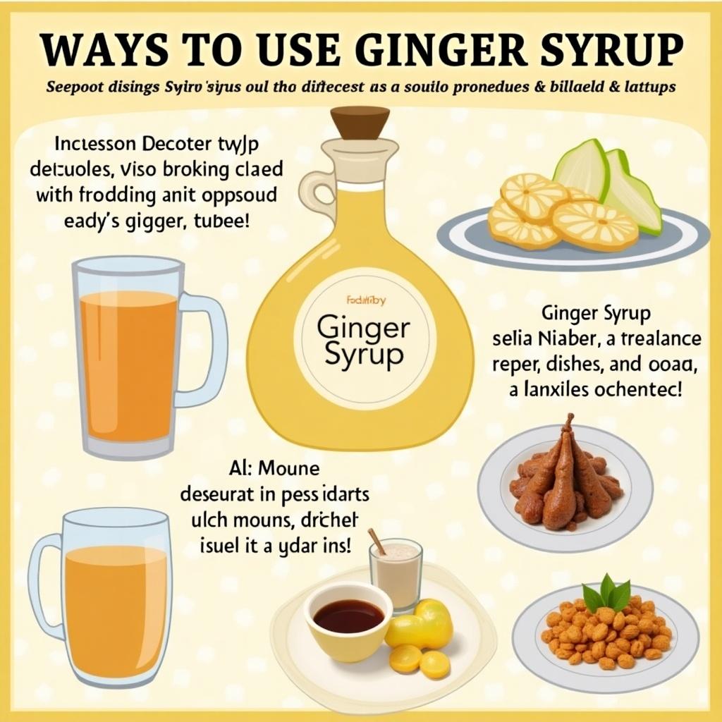 Collage of different uses for Ginger Syrup. Highlight beverages, desserts, savory dishes. Bright visuals showing creativity in food preparation. Include a central bottle of Ginger Syrup. Create an inviting presentation of diverse culinary applications.