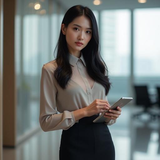 A confident woman stands in a modern office environment. She has long straight black hair and wears a stylish semi-sheer blouse with a pencil skirt. She holds a tablet. The lighting is soft and the image is high resolution. The focus is on the woman, showcasing her elegance and professionalism.