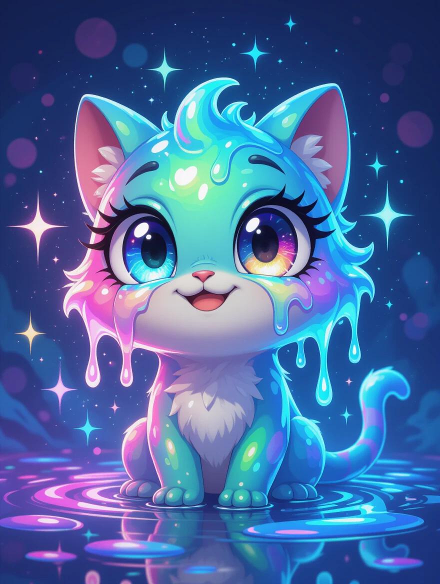 Cartoon character features a cute cat with iridescent slime oozing from its eyes. The character is surrounded by glowing sparkles. The lighting is ultra-bright and colors are psychedelic. The style is unsettlingly cute in high definition.
