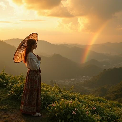 A Dutch-Indonesian woman from the 1920s stands on a hilltop. She overlooks a tea plantation at sunset. Below, a Dutch colonial city is visible along with a traditional Sundanese village. The woman wears a white lace kebaya nyonya blouse, a batik parang rusak skirt, and classic kelom geulis sandals. She holds a painted umbrella. Her auburn hair has soft vintage waves. The sky is filled with golden clouds, birds flying, and a rainbow. Surrounded by tea leaves and blooming flowers. Hyper-realistic, cinematic lighting.