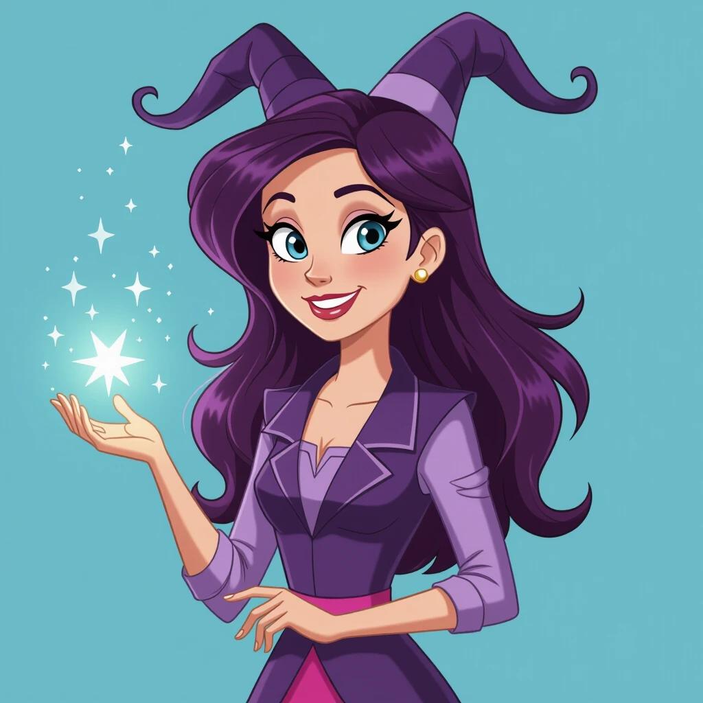A character with long flowing purple hair wears a stylish outfit. She has two spiral horns. She holds a glowing star in her hand. The background is a bright teal color. The character has a friendly and magical appearance.