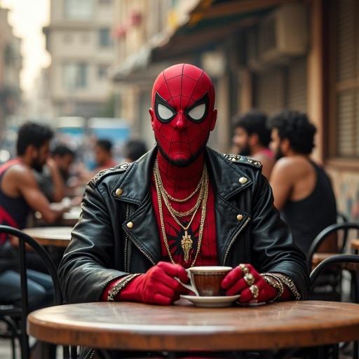 Cinematic photo of Egyptian street-style Spider-Man sitting at outdoor café in Helwan, Cairo. Spider-Man suit customized in shaabi fashion with mask revealing face, dressed with gold chains, rings, oversized sneakers, wearing fake leather jacket. Sipping tea, surrounded by young men in tank tops. Buildings, laundry, and graffiti in background. Gritty lighting for street drama.