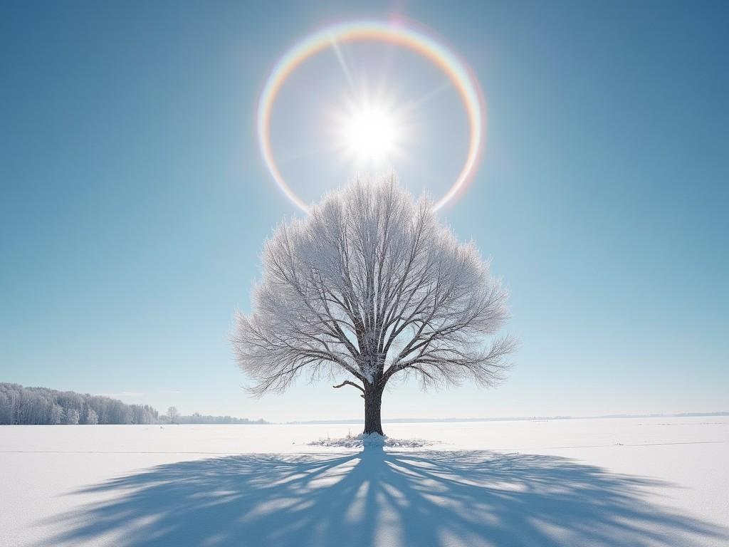 The image captures a solitary tree in a vast, snow-covered field under a clear blue sky. The sun is positioned directly above the tree, creating a striking halo effect, casting long shadows on the snow. This serene winter scene emphasizes the beauty of nature in its stillness and simplicity.