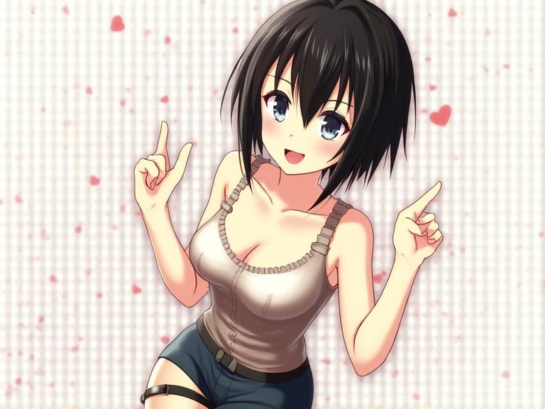 Anime character with short black hair wearing hot pants. The character has a cute smile and is making peace signs. Background features a light pink theme with hearts.