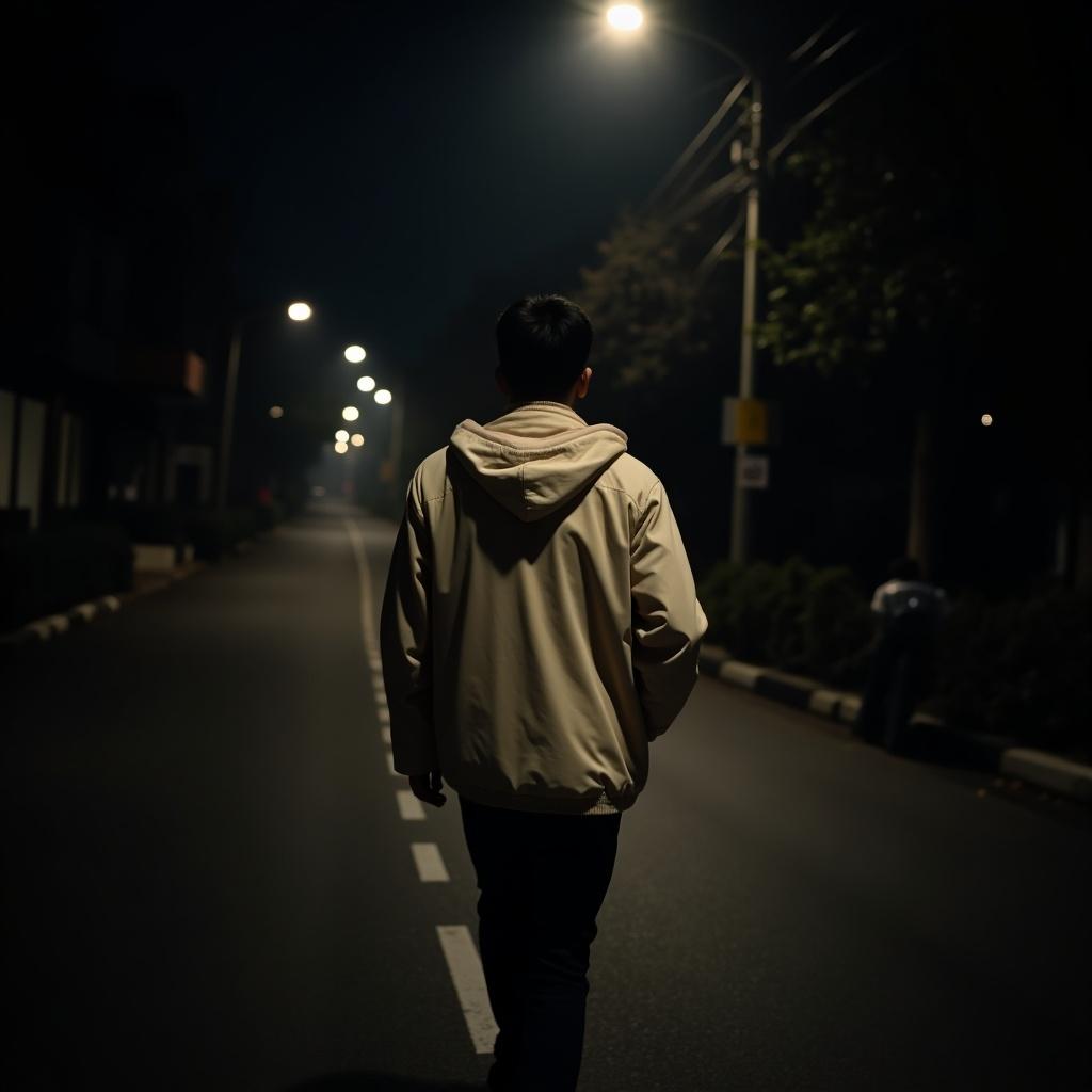 Person walks on a night street wearing a cream color jacket. Soft street lights illuminate the road. Dark surroundings create a solitary atmosphere.