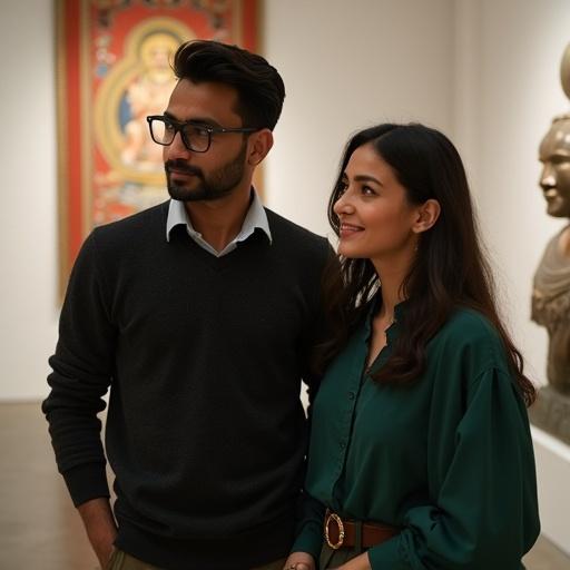 A candid photograph of a couple in their late 20s in a high-end art gallery in Jhamel, Kathmandu. The man wearing stylish eyeglasses and a dark cashmere sweater stands focused on art. The woman, slightly taller, in an emerald green blouse smiles softly at him. The gallery features clean white walls and polished floors with soft lighting. The couple exudes sophistication and mutual respect, creating a powerful partnership dynamic.