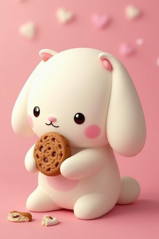 A cute bunny holding a cookie against a pink background. The bunny is white with rosy cheeks and big expressive eyes. The cookie has chocolate chips. Soft lighting adds a playful atmosphere.