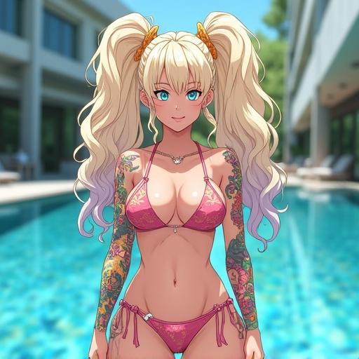 Anime character illustration featuring a woman. She has frosted blue eyes, a beautiful face, and extremely large light blonde curly pigtails. She wears a sexy bikini and has tattoos. The scene is set in a modern luxurious infinity pool environment with a semi-futuristic aesthetic.