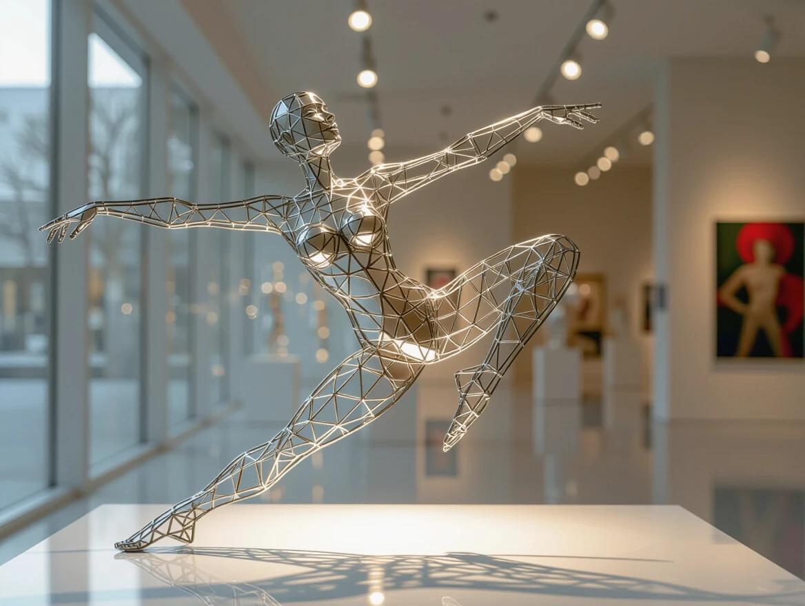 Sculpture of human figure made from wire mesh. Captured in mid-air. Dynamic pose with arms outstretched and one leg bent. Ethereal quality with light reflections. Blurred background of art gallery. Dramatic lighting with strong highlights and shadows. Loose wires with visible endings for a spontaneous look.