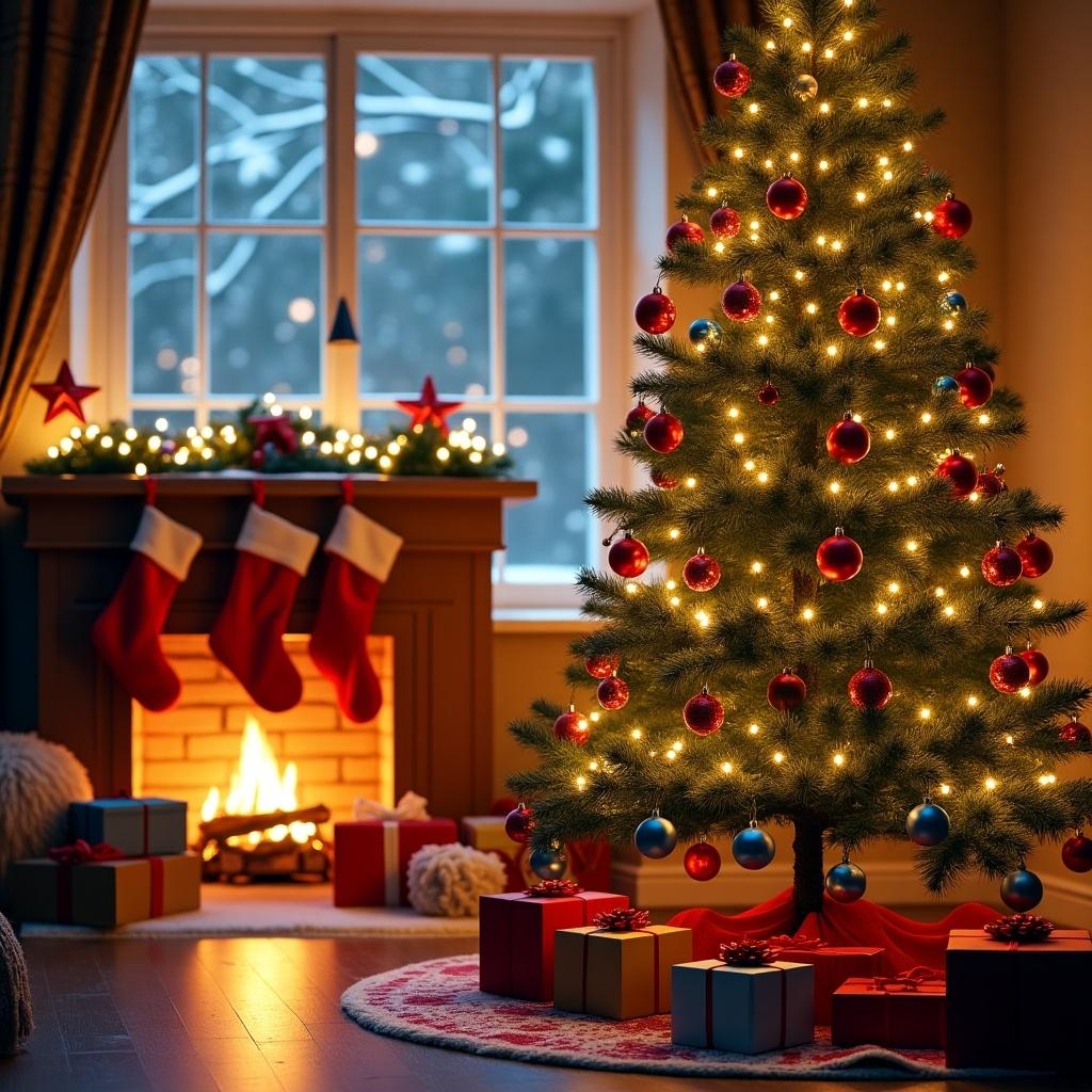 Festive living room decorated for Christmas. A beautifully lit Christmas tree stands beside a cozy fireplace, adorned stockings, and wrapped gifts. The ambiance is warm and inviting. Snow falls gently outside the window.