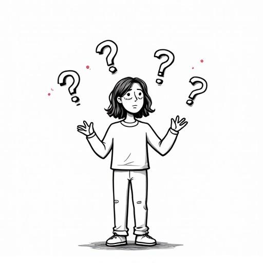 Confused figure stands with arms raised, gentle tear on cheek, question marks float above head, hair and clothes move with breeze, black and white line art style.