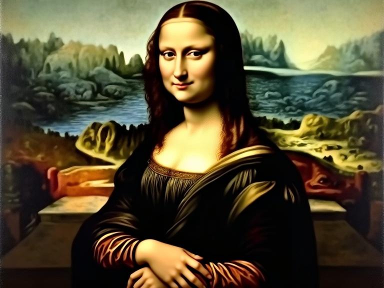 Iconic oil painting representing Mona Lisa in high renaissance style. Subject is known for mysterious smile and engaging gaze. Background shows an atmospheric landscape with hills and rivers. Art features soft transitions and strong emotional depth.