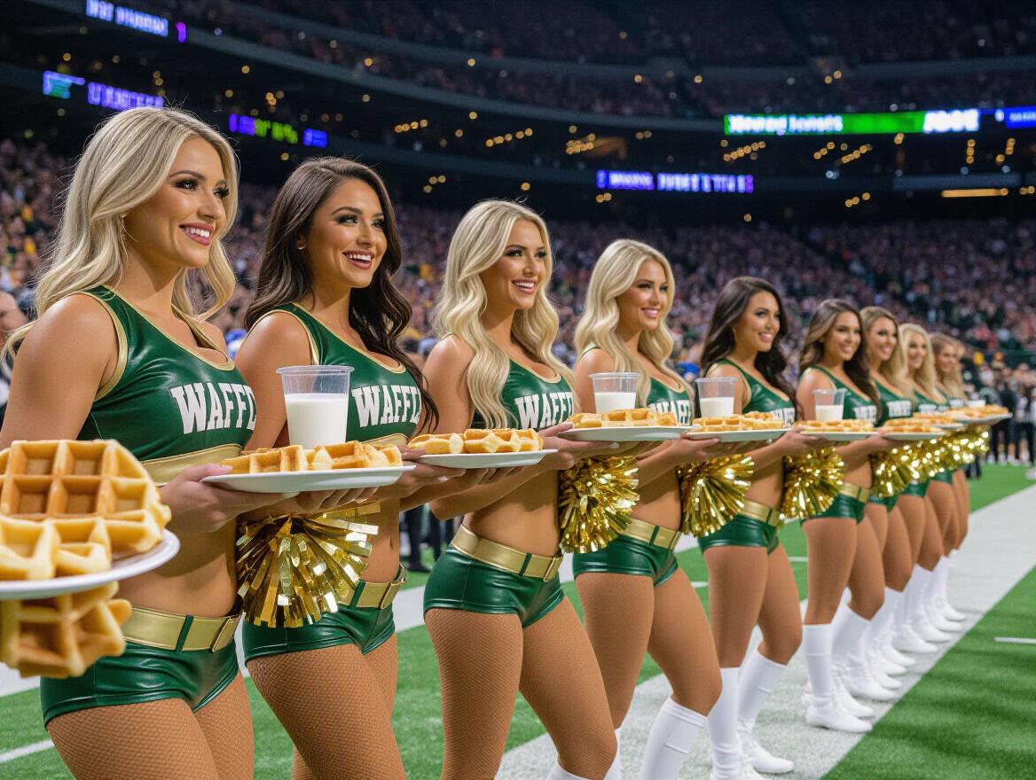 American football cheerleaders serve waffles and milk during a game. Cheerleaders wear green and gold outfits. Plates filled with waffles held in their hands. Bright stadium lights shine down. Fans cheer in the background. Tiny leather uniforms display the word 'WAFFL'.