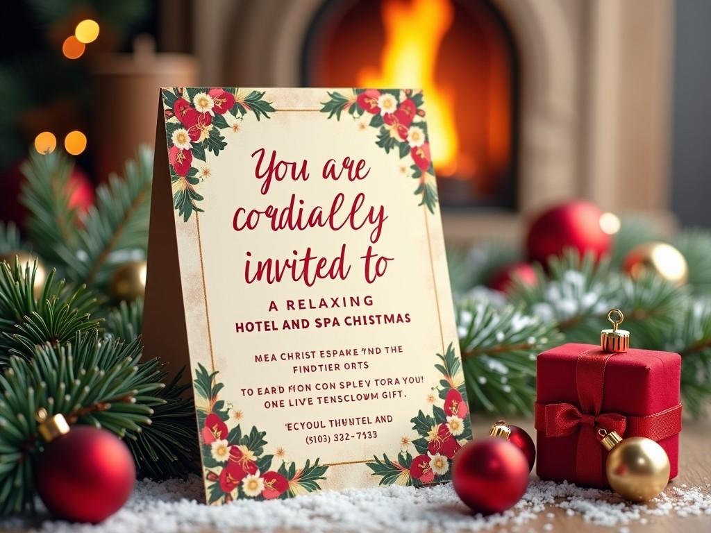 The image features a beautifully designed invitation card placed on a festive surface. It invites the viewer to a relaxing hotel and spa Christmas event. The card is adorned with holiday-themed decorations, including flowers and ribbons. A cozy fireplace serves as a warm backdrop, enhancing the festive ambiance. There are red ornaments and a small gift box nearby, symbolizing the spirit of giving during the holiday season. The invitation emphasizes relaxation and comfort, making it perfect for a Christmas celebration.