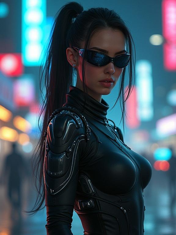 A cybernetic huntress stands in a neon-lit cityscape. Her athletic body features sleek metal implants. She wears a targeting visor over one eye. The environment is illuminated with vibrant neon lights. Her movements are precise and deadly.