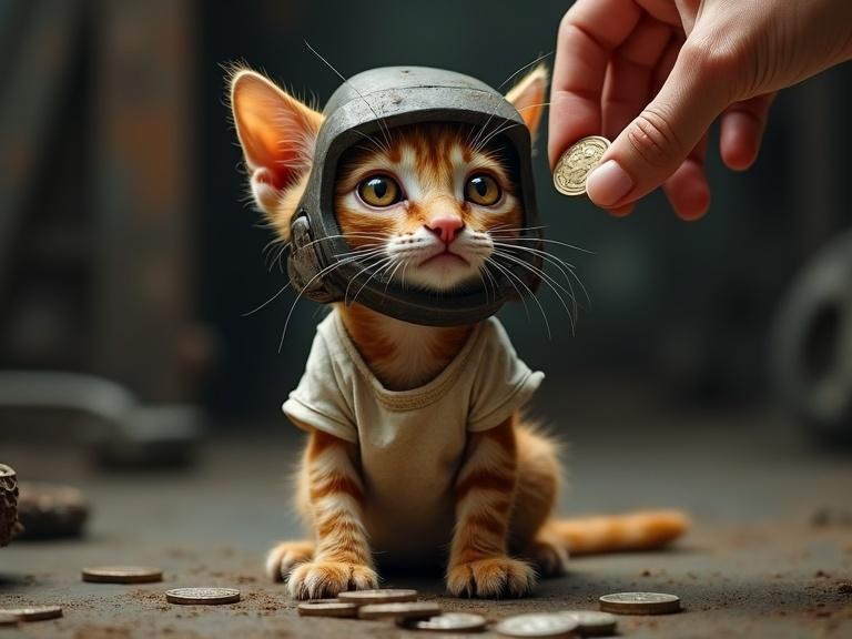 A small scruffy red-haired tabby kitten. The kitten wears a welder's mask pulled over his forehead. He has a grimy face and amber eyes. An off-white t-shirt is on him and extremely dirty. A human hand offers a coin to him. Small tarnished coins are on the dusty floor.