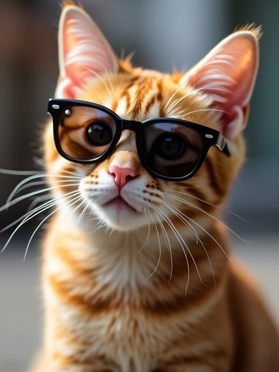 A close-up of a cat wearing sunglasses. The cat has a vibrant orange coat and an expressive face, making it look adorable and stylish.