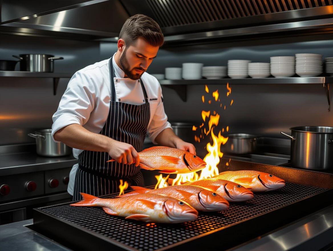 Professional kitchen scene. Chef grilling large red snapper fish on an open flame grill. Chef wears white chef coat black apron and black pants. Fish is bright orange-red in color. Cooking over intense orange flames. Multiple whole fish on commercial-grade grill. Background has white ceramic bowls and stainless steel kitchen equipment. Scene captured in restaurant kitchen with modern appliances. Dramatic shadows from flames on cooking surface. Shot from a low angle to emphasize flames and fish scale.