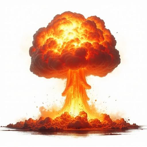 Nuclear bomb explosion on a white background with a massive mushroom cloud radiating heat and light.