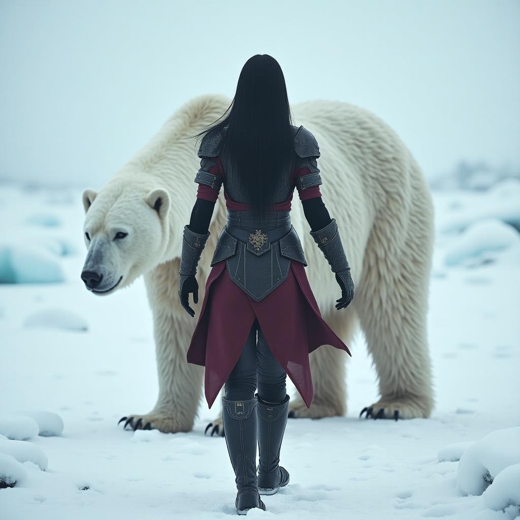 Ancient female warrior with long black hair wears a black and red futuristic bodysuit. She walks in front of a large white polar bear. The setting is a snowy, icy environment.