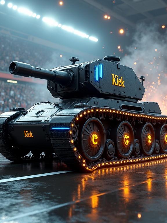 Hyper-detailed 3D render of futuristic tank with angular armor plating. Matte black finish with industrial leather treads. Wheels showcase bold yellow leather font 'Kiek'. Chrome accents and blue LED lights illuminate armor seams. Set in futuristic sports arena with holographic crowd.