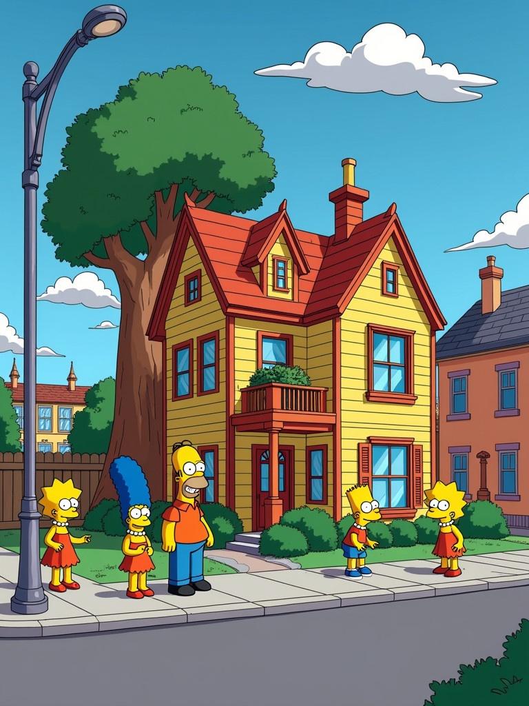 Full-scale replica of The Simpsons' house with details from the series. Features treehouse and colorful interior. Characters exhibit playfulness and camaraderie. Scene includes pastel-colored buildings and iconic yellow hues.