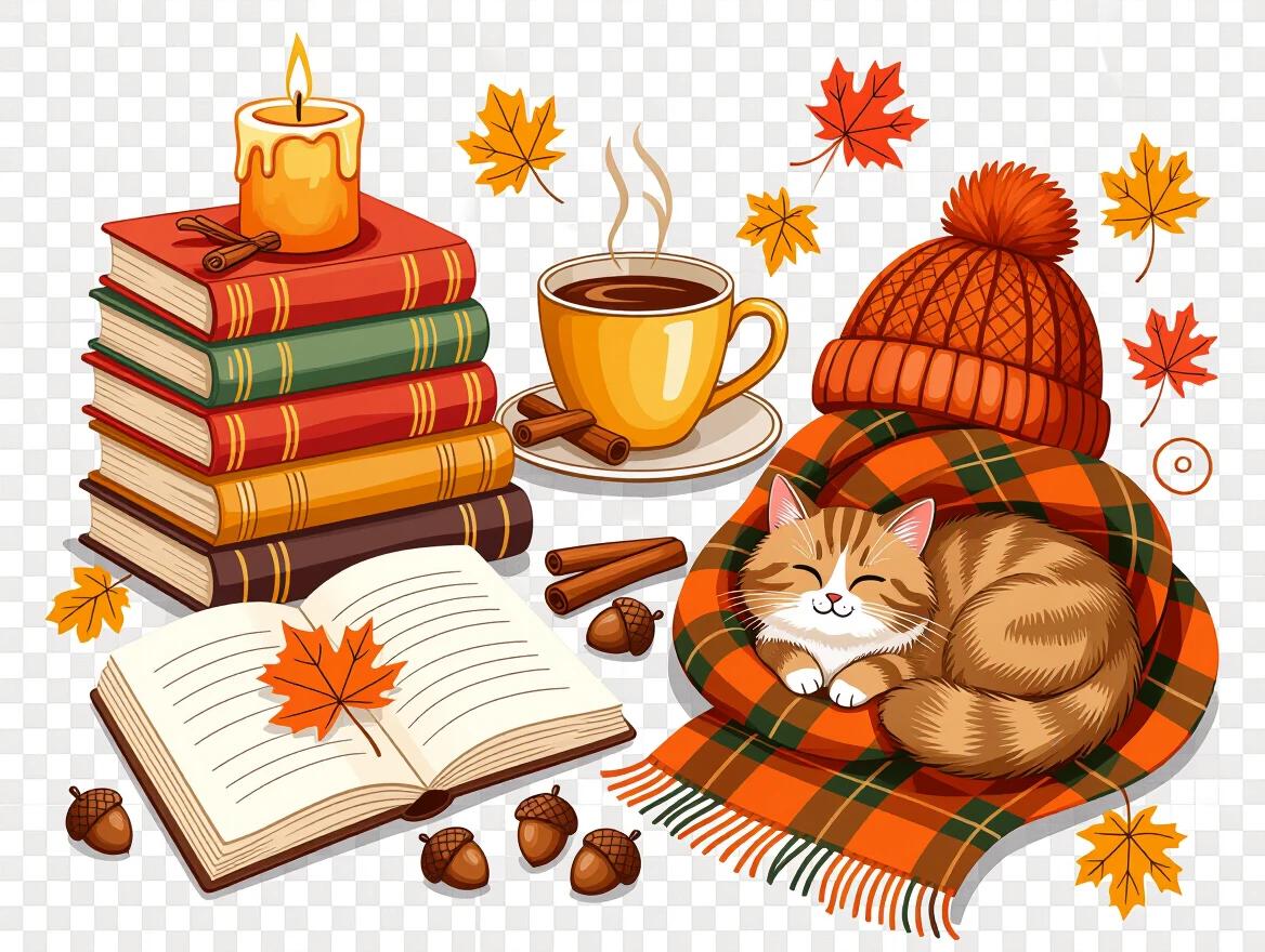 Hand drawn illustration of cozy autumn elements. Horizontal layout includes stack of colorful books, candle, open journal with fall leaf bookmark, steaming teacup with cinnamon sticks, fluffy cat on plaid scarf, scattered acorns, chunky knit hat, whimsical fall leaves. Warm autumn tones.