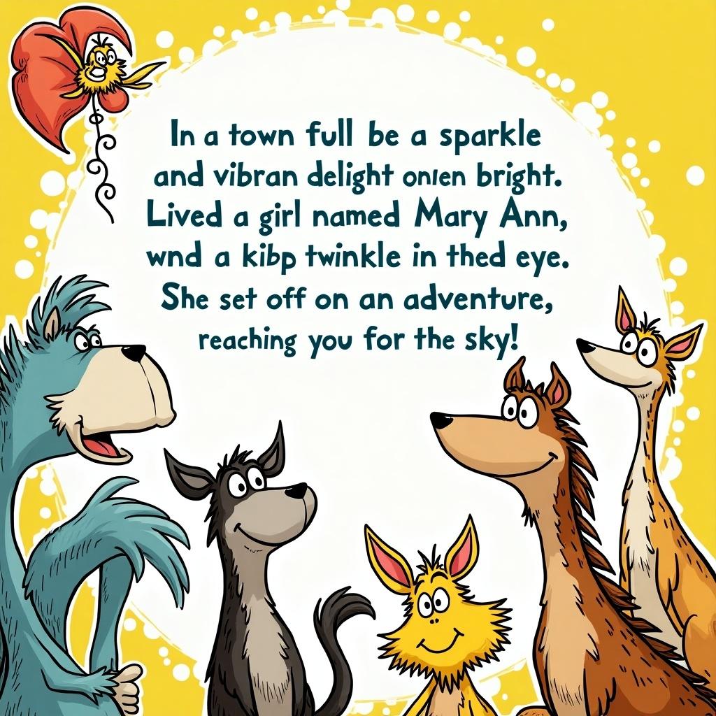 Colorful cartoon style inspired by Dr. Seuss. Characters are animals and a girl named Mary Ann. Text illustrates a lively adventure. Bright, playful atmosphere created with vibrant colors.