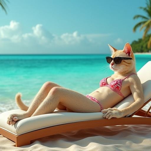 Cat with human traits relaxing on a beach lounger. Cat wears bikini and sunglasses. Cat supports head with one paw. Cat gazes at ocean. This cat has a long tail curling on the lounger. Background features turquoise ocean and palm trees.