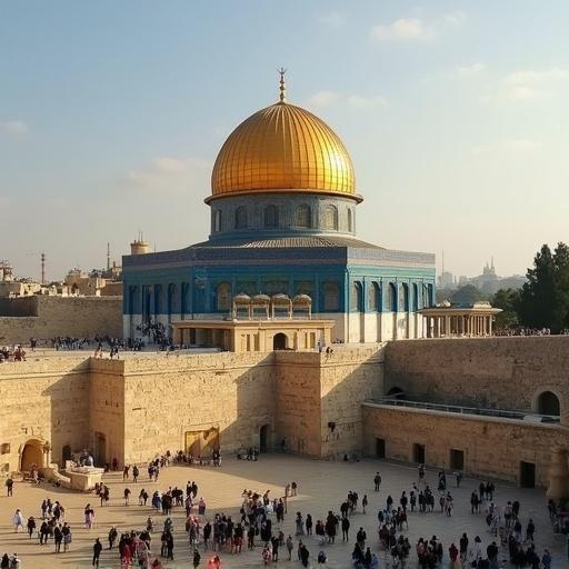 A prominent Islamic structure known as the Dome of the Rock. The building features a large golden dome and intricate blue tile work. The plaza is filled with visitors. Bright daylight enhances the beauty of the architecture.